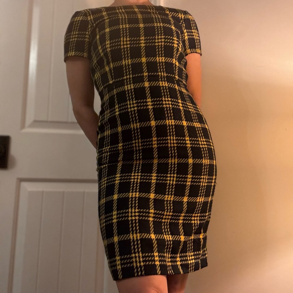 Brooks Brothers Yellow and Black Plaid Midi Dress